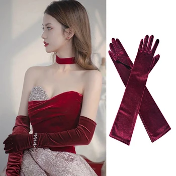 1 пара Рождественских вечерних перчаток в благородном банкетном стиле для женщин, бархатное Длинное вечернее платье, теплые перчатки для вождения