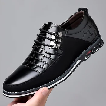 2023 Мужская повседневная обувь Удобная модная Классическая повседневная кожаная обувь Черного цвета с дышащей деловой шнуровкой большого размера