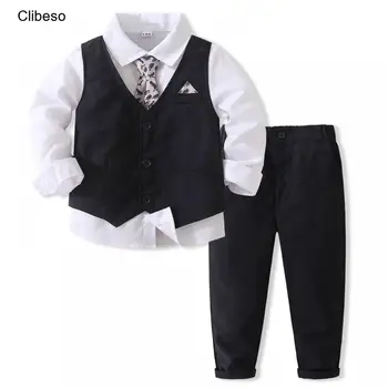 2024 Clibeso Комплект Джентльменской Одежды для Маленьких Мальчиков, Зимний Хлопковый Костюм для Детей, Белая Рубашка с Галстуком + Жилет + Брюки, Официальная Одежда Для Новорожденных