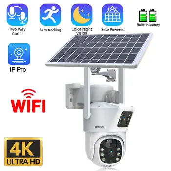 4K 8MP HD Двухобъективная 4G Солнечная IP-Камера Безопасности Наружного Цветного Ночного Видения WiFi PTZ-Камера Автоматического Отслеживания Водонепроницаемая IP-Камера Видеонаблюдения