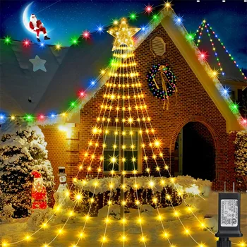 9X3M Открытый Рождественский Звездный Струнный Светильник 288LED Освещенный Водопадный Елочный Светильник с Топпером Star Fairy Light для Декора Вечеринки в саду