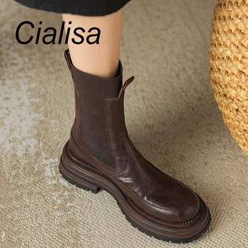 Cialisa / Новинка 2023 года; Осенне-зимняя обувь с круглым носком; Модные женские короткие ботинки из натуральной кожи в стиле пэчворк; Эластичные ботильоны на среднем каблуке;