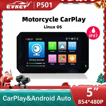 EVKEY P501-D, 5-дюймовый портативный мотоцикл, CarPlay, Android, автоматический дисплей, Водонепроницаемый монитор, 1080P, Двойная запись, циклическое видео