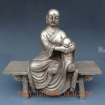 H 210 мм Украшенная Тибетским Серебром Медь Тибетское Серебро Бронза Статуя Тибетского Буддизма - На скамейке Украшение Из Настоящего Серебра Латунь