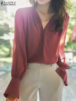 ZANZEA Элегантные пуговицы, шикарные блузы, повседневные женские топы, модные блузки с длинным рукавом-фонариком, винтажные прозрачные рубашки с V-образным вырезом, осень 2023 г.