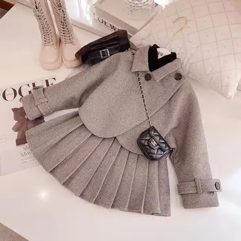 Весенне-осенний новый комплект шерстяного белья для девочек 2023 года, пальто, 100 плиссированная короткая юбка, комплект из двух предметов