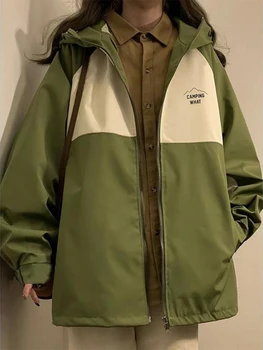 Винтажная куртка-бомбер Женская Негабаритная Свободная Ветровка с капюшоном, пальто, Женская Корейская мода Harajuku, Повседневная верхняя одежда на молнии