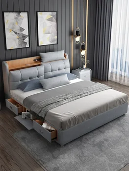 Главная спальня современная, простая, элитная, большая двуспальная кровать, многофункциональная кровать из мягкой ткани для хранения