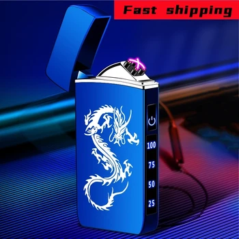 Горячая металлическая USB-двухдуговая беспламенная электрическая зажигалка, наружная ветрозащитная светодиодная зажигалка с сенсорным экраном, мужской подарок