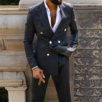 Двубортные мужские костюмы с отворотом черного цвета, 2 предмета, модный формальный джентльменский Элегантный повседневный свадебный смокинг, приталенный блейзер, брюки