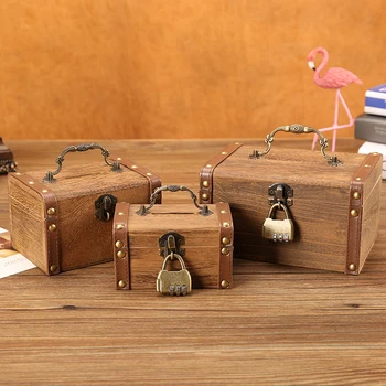 Деревянный ретро-сундук с сокровищами, декоративная коробка-копилка с замком, Монета, ящик для хранения банкнот, Детский подарок, маленькая коробка с паролем