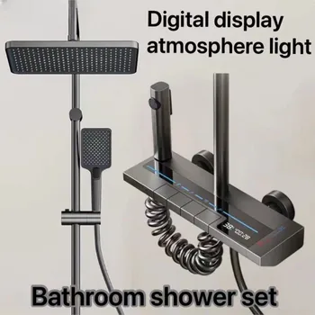 Душевой набор со светодиодным цифровым дисплеем с четырьмя передачами и системой наружного освещения Для душа с горячей и холодной водой, Алюминиевый душевой набор для ванной комнаты