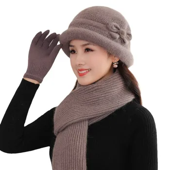 Женская зимняя шапка, сохраняющая тепло, шапка С меховой подкладкой И шарф, теплый комплект для женской повседневной зимней вязаной шапки из кроличьего меха.