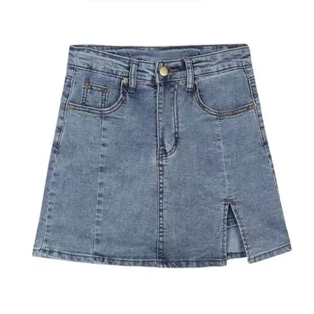 Женская летняя Корейская модная джинсовая короткая юбка, новые юбки трапециевидной формы с высокой талией и разрезом на бедрах