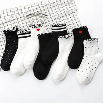 Женские хлопчатобумажные носки в красный горошек с сердечками, Love Heart, Белые, милые, черные, в полоску, с рюшами, Короткие повседневные женские носки для девочек В подарок