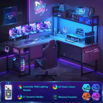 Игровой стол L-образный Компьютерный/ игровой стол с розеткой и светодиодной лентой, полкой для хранения и подставкой для монитора Офис с бесплатной доставкой