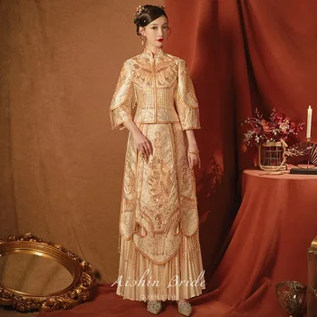 Китайский Стиль, Костюм Xiuhe С Шампанским, Женское Высококачественное Платье Ципао Для Свадебной Вечеринки, Традиционное Платье Чонсам, Одежда Для Тостов