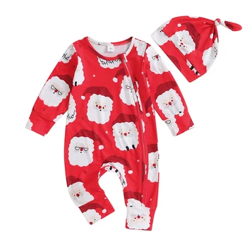 Комбинезоны для маленьких девочек и мальчиков, рождественская одежда, комбинезоны с длинными рукавами с принтом Санта-Клауса / Пряничного человечка, осенние боди для малышей со шляпой