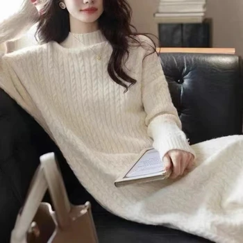 Корейская версия вязаного платья с длинными рукавами для женщин, модная осенне-зимняя одежда, новый стиль, юбка на подкладке, свободное шерстяное платье