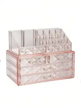 Коробки для косметики с держателем щетки - Розовый куб для хранения с ромбовидным рисунком, включающий 4 выдвижных ящика и