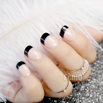 Короткие натуральные французские ногти, черный кончик, Бежевые круглые накладные ногти для дам, советы по маникюру на каждый день