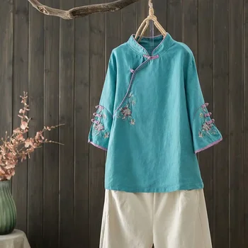 Летние китайские элегантные топы-чонсам с вышивкой, женская одежда из хлопка и льна, однобортный повседневный костюм в стиле шинуазри Тан.