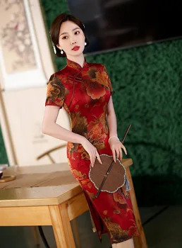 Летняя традиционная китайская одежда Чонсам с короткими рукавами, женское атласное платье Ципао с цветочным принтом.
