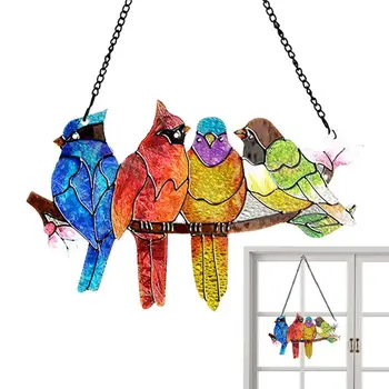 Ловец солнца для птиц из витражного стекла | 4 Птицы на ветке Ловец солнца | Гобелены для окон из витражного стекла для птиц