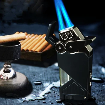 Механическая уличная турбонаддувная зажигалка с двумя горелками Blue Flame, Прочная Металлическая Ветрозащитная бутановая зажигалка, инструмент для резки сигар, мужской подарок