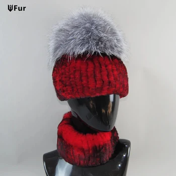 Модная женская зимняя роскошная шапка из натурального меха Чернобурки, шарфовый костюм, вязаные шапки из меха кролика Рекс, шапки из натурального меха Лисы, шарфы, наборы