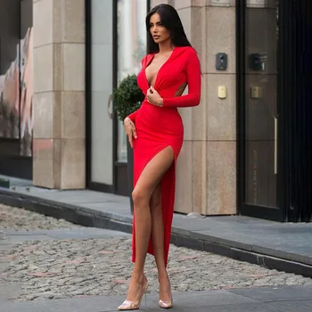 Модное женское красное платье с капюшоном и разрезом с длинным рукавом High Street Elegant 2023, Однотонное черное облегающее платье с V-образным вырезом, Длинные вечерние платья для вечеринок