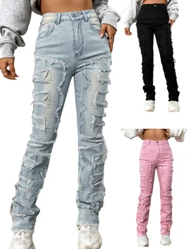 Модные эластичные нашивки на женские джинсы в стиле пэчворк с креативными кисточками, прямые джинсовые брюки в стиле хип-хоп, джинсовые брюки Женские