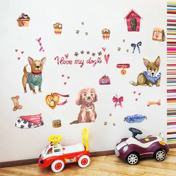 Наклейки на стену с милыми собаками для детской комнаты, украшения дома в спальне, Мультяшный щенок, Настенное искусство домашних животных, Детская наклейка, плакат из ПВХ