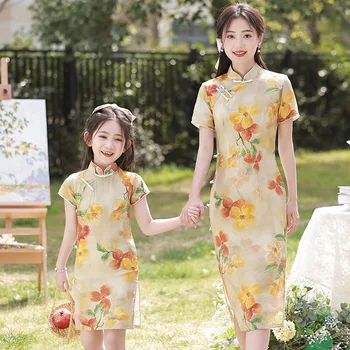 Новое Семейное платье Чонсам 2023, Элегантное платье для матери и дочки, Женские платья, Детская Одежда для китайского Нового Года.