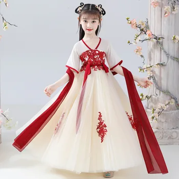 Новый Детский костюм с древней вышивкой в китайском стиле Hanfu, Косплей с коротким рукавом, Вечеринка для девочек, Вечернее представление, шоу, Юбка принцессы  