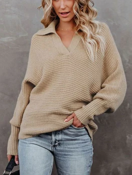 Осенне-зимний пуловер с отложным воротником, женский свободный свитер с длинным рукавом 2023, Джемпер, тянущий теплые вязаные свитера с V-образным вырезом для женщин