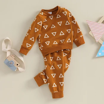 Осенняя одежда для маленьких мальчиков, топ с геометрическим треугольником и длинные штаны, комплект из 2 предметов, спортивные костюмы для малышей
