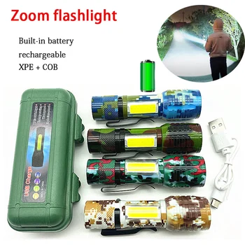 Перезаряжаемый фонарик Zoom Torch, портативный встроенный аккумулятор, водонепроницаемый фонарик XPE + COB, 3 режима освещения, мини светодиодный фонарик