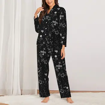Пижамы женские Звездные Домашние пижамы Космос со звездами космический корабль Slanet Пижамные комплекты из 2 предметов Модный домашний костюм с длинным рукавом