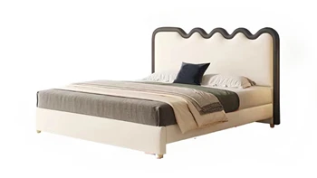 Рифленая кровать, кожаная кровать, главная спальня в скандинавском стиле с двуспальной кроватью, современная простая светлая роскошь, атмосфера высокого класса, маленькая квартира