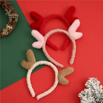 Рождественский подарок Корейская милая повязка на голову с оленьими рогами, Сетчатая красная повязка на голову, украшения для волос, головной убор из шерсти ягненка, рождественские украшения