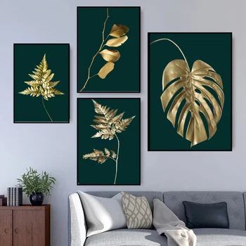 Роскошная золотая картина на холсте, абстрактное настенное искусство, листья растений, интерьерные плакаты и принты для домашнего декора гостиной Cuadros