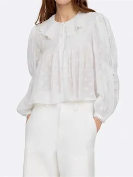 Рубашка для женщин 2023 года, Новая вышивка, Цветочные Плиссированные оборки, Однотонная Свободная Милая блузка с длинным рукавом-фонариком