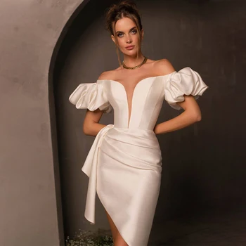 Сексуальное свадебное платье 2023 С глубоким V-образным вырезом и открытыми плечами, Асимметричное свадебное платье для невесты с пышными рукавами, свадебное платье-футляр/ колонна