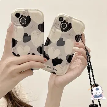 Совместимый для iPhone 14 Pro Max 11 13 12 XR 7 8 Plus 6 6s Чехол Для Телефона Love Heart С 3D Ремешком Haert Black Pearl На Запястье