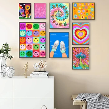 Современная яркая картина на холсте в виде сердца, абстрактные цветы, плакат с грибами и принтом, картины для декора стен детской комнаты для девочек