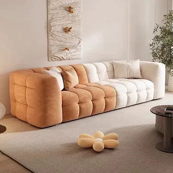 Стиль Диван для маленькой квартиры в скандинавском минимализме, современная минималистичная гостиная, прямой ряд ткани, трехместный диван в кремовом стиле
