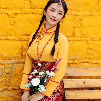 Улучшенная желтая тибетская одежда, женская рубашка с длинными рукавами, белая, черная подкладка