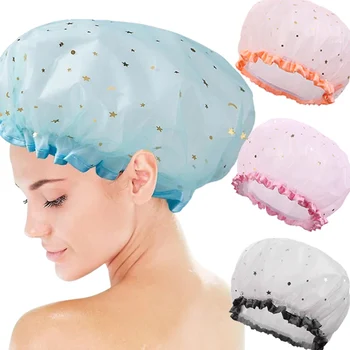 Утепленные шапочки для душа с милым рисунком звезды, эластичные шапочки для купания, Двухслойная женская шапочка для защиты волос, Многоразовые товары для ванной