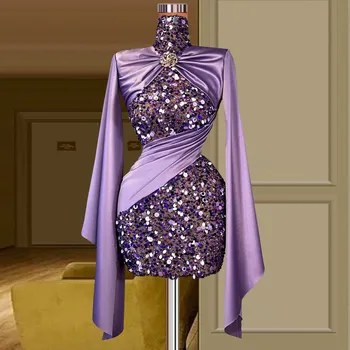 Фиолетовые коктейльные платья-футляр с высоким воротником, короткие Мини-платья с пайетками для вечеринки по случаю возвращения домой для черных девушек